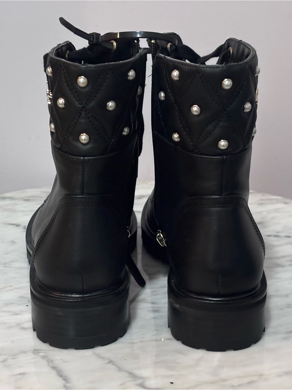 Kate Spade Billie Pearl Combat Boots Black Leather Quilted Studded Size 7.5 - Picture 2 of 7